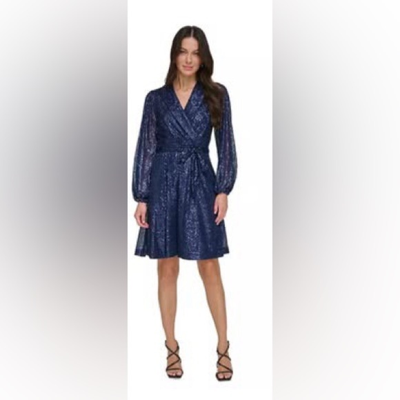 DNKY Navy Sequin Balloon Sleeve Wrap Dresss size 10 NWT but pulled sequinns - Picture 1 of 6